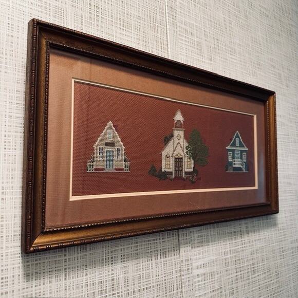 Vintage Framed Matted Cross Stitched Embroidered Folk Art Cabin/Church/LakeCabin - Picture 16 of 16